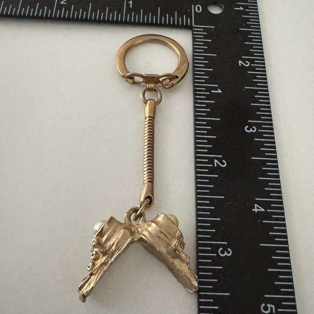 Vintage Gold Tone Sneaker Shoe Keychain with Pearl and Rhinestone Accents